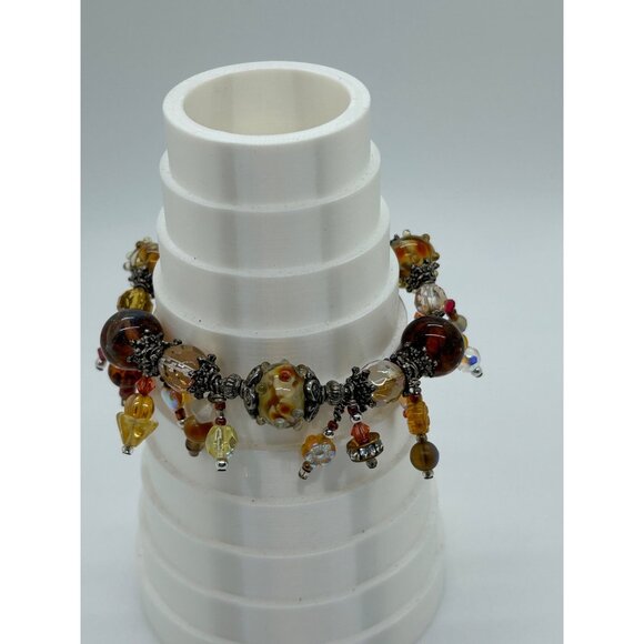 Artisan Lampwork Glass Bracelet With Amber Gold Swirl and Faceted Beads - Picture 13 of 16